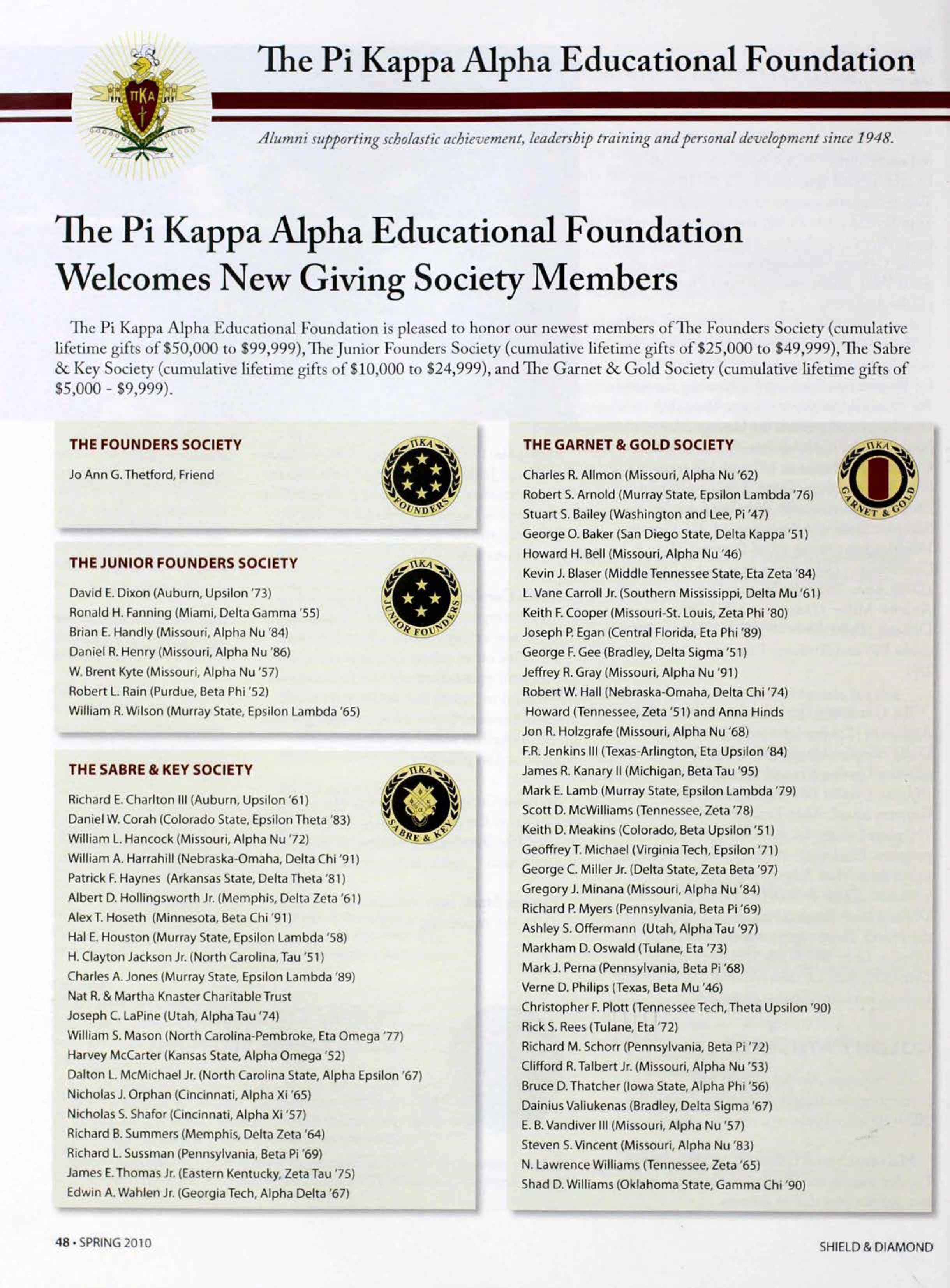 The Pi Kappa Alpha Educational Foundation, Spring 2010